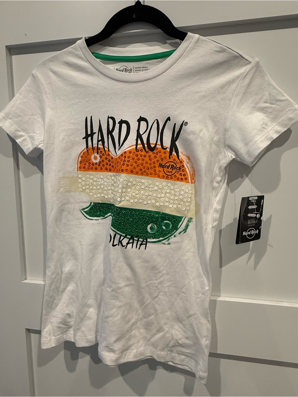 Hard Rock Cafe White Tee with Orange, Cream & Green Sequin Heart Graphic